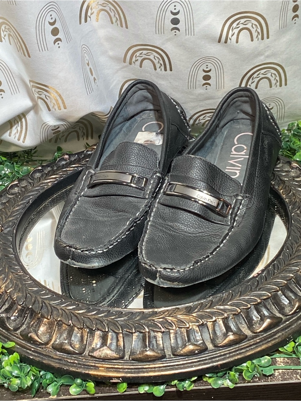 Calvin Klein Black Leather Penny Loafers with Metal Accent